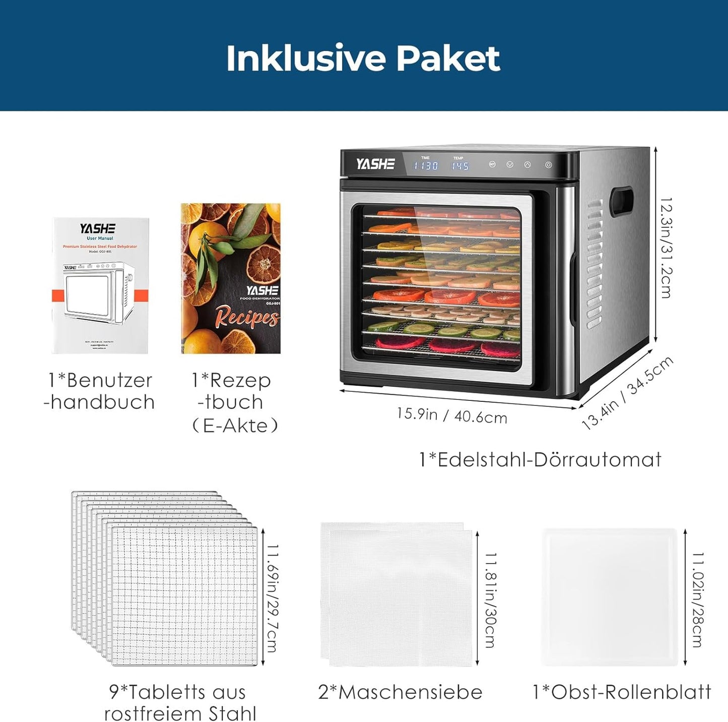 Edelstahl Dörrautomat, 1000W Dörrgerät für Obst und Gemüse mit LED-Anzeige, präziser Temperaturregelung (35-75°C), 48-Stunden-Timer, 9 Edelstahlschalen, 2 Maschensiebe, 1 Schale für Obstrollen