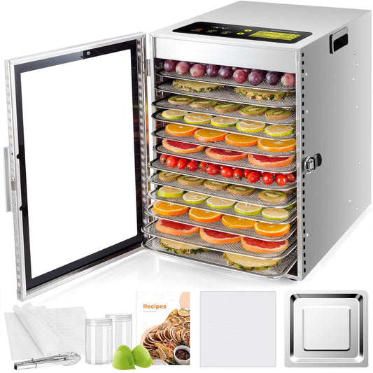 Kwasyo Dehydrator Stainless Steel, Double Fan 360° Efficient Dry, Dehydrator 12 Levels, 20-90°C Temperature Control, 24 Hour Timer, Overheating Protection, Recipe Book for Meat, Fruit, Vegetables,