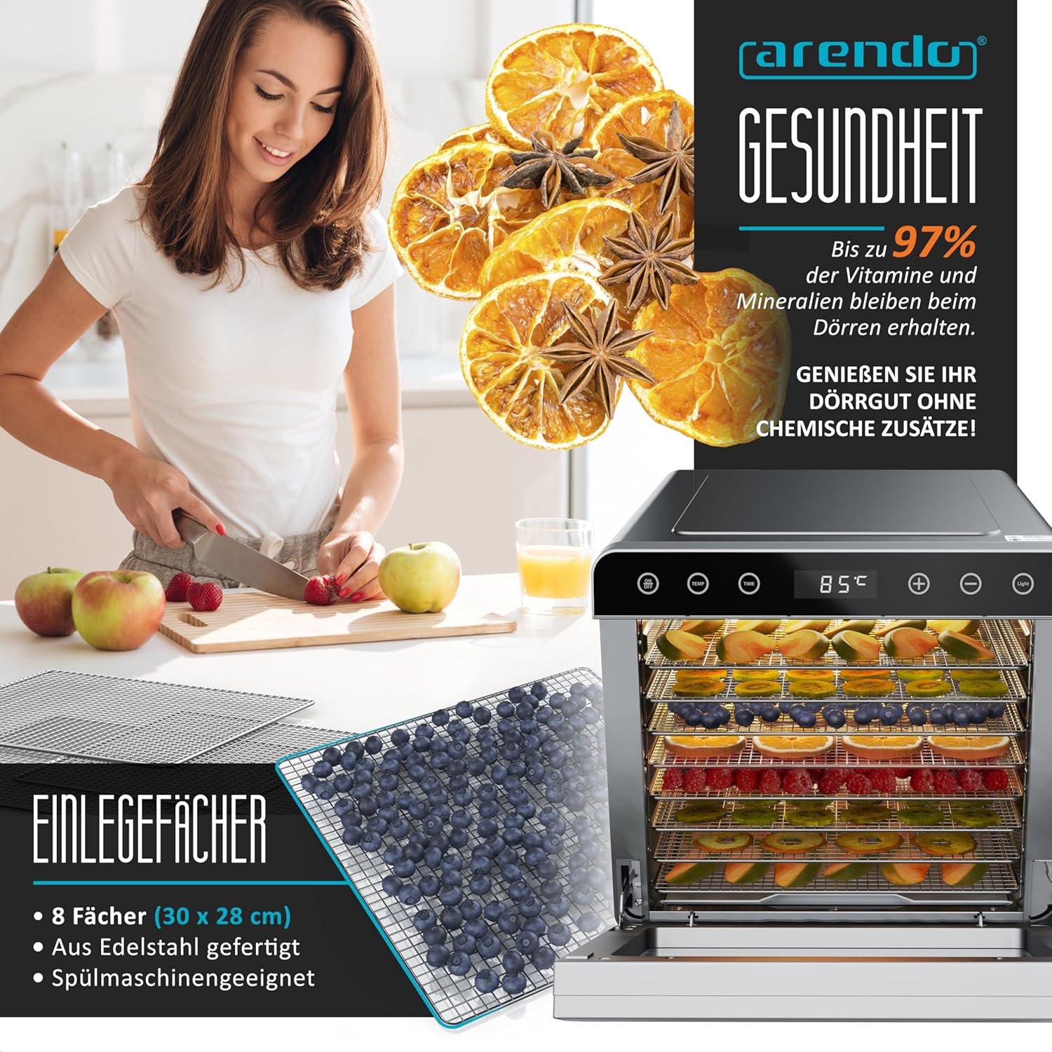 Arendo - Dörrautomat Edelstahl mit 8 Edelstahlgitter - 700 W - 35°-85°C - 8 Edelstahl Einlegetabletts mit insgesamt 6700 cm² - Dörrgerät Dehydrator Obsttrockner Dörrapparat - Obst Fleisch Pilze uvm